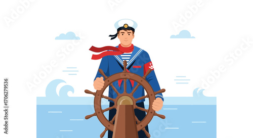 Sailor Navigating Ship Steadfastly Through Open Waters, Embracing Maritime Adventure Forever
