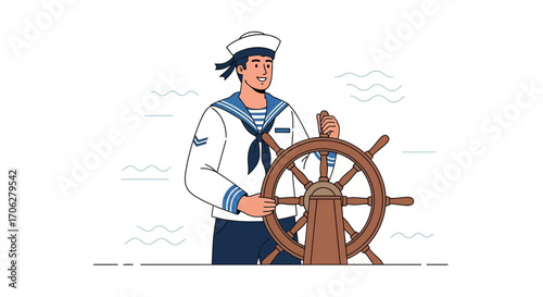 Sailor Piloting The Ship Steering Wheel Smiling With Determination On A Clear Day
