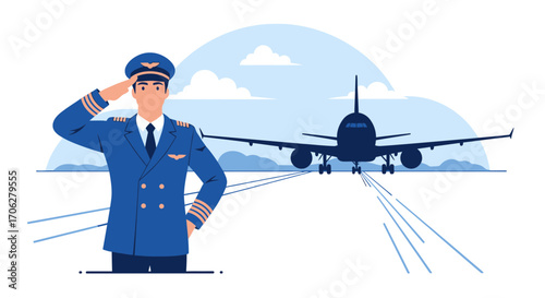 Pilot Salutes Near Plane on Runway, Ready for Flight and Aviation Illustration