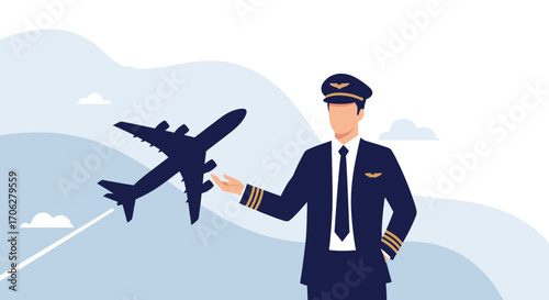 Pilot Presenting A Silhouette Airplane Illustration With Blue Sky Background, Concept Of Flight