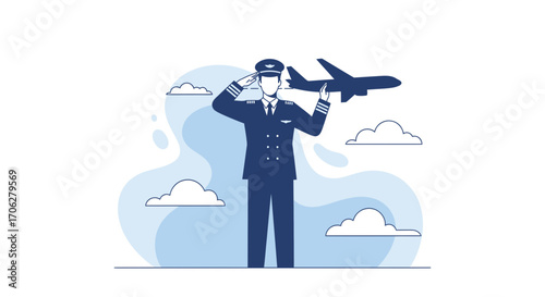Pilot Salutes A Silhouette of a Plane Against A Blue Sky, Modern Aviation Concept