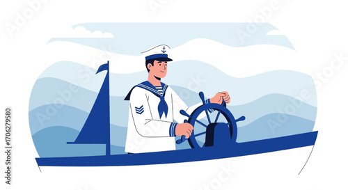 Sailor Steering the Wheel In A Nautical Vessel At Sea During Daytime