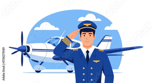 Pilot Saluting Airplane Ready for Flight Illustration in Blue Tones with Clouds and Sky