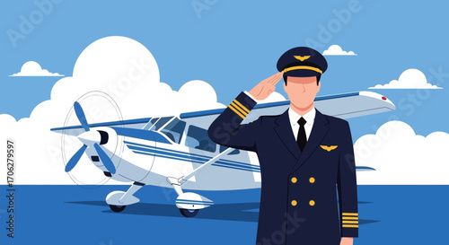 Pilot Saluting Near Aircraft Ready For Take Off Against Cloudy Blue Skies