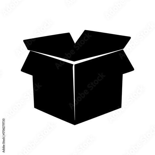 Black silhouette of an open cardboard box on a white background