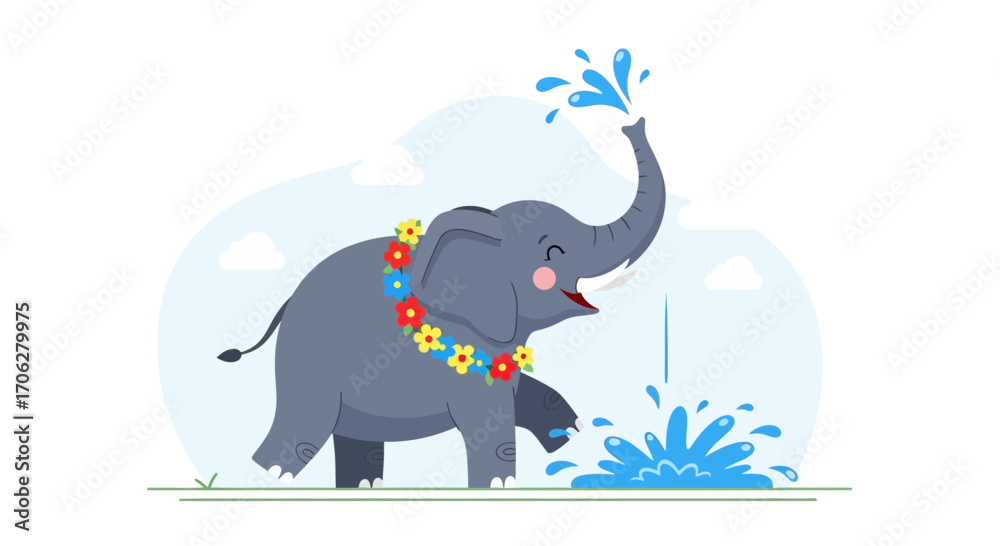 Naklejka premium Playful Elephant Joyfully Sprays Water Outdoors Amidst Vibrant Floral Embellishments