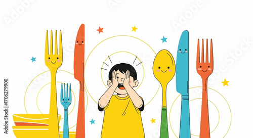 Playful Child Hiding Between Utensils, Whimsical Arrangement, Dinner Time Concept
