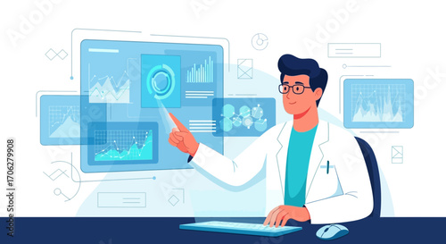 Scientist Analyzing Data On Futuristic Digital Screen, Scientific Insightful Visualization