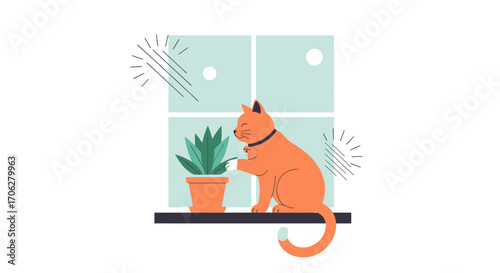 Playful Domestic Cat Observing Plant Beside a Window in an Artistic Digital Illustration