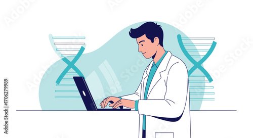 Scientist Analyzing Genetic Data On A Laptop, Modern Illustration Of Research