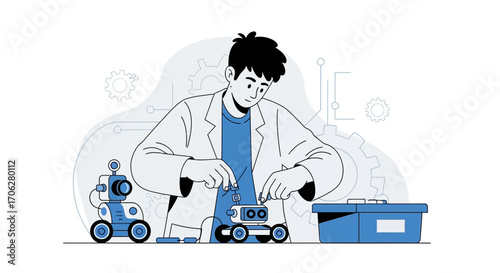 Scientist Assembling Tiny Robot, Robotics, Futuristic Concept, Technology Illustration