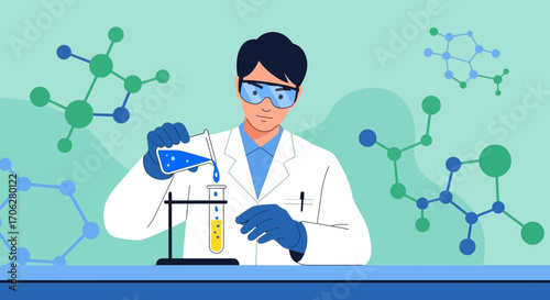 Scientist Conducting Experiments In Laboratory With Chemical Substances And Molecules