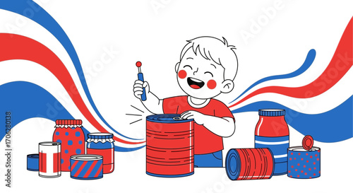 Playful Kid Enjoying Food Preservation With Fun Cans And Jars Illustration Design