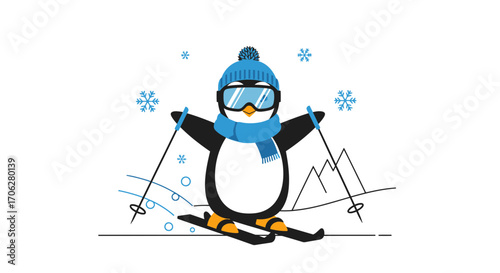 Playful Penguin Skiing Downhill in Winter Wonderland with Snowflake Elements