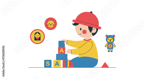 Playful Little Child Building Tower with Blocks, Colorful Illustration of Fun and Games