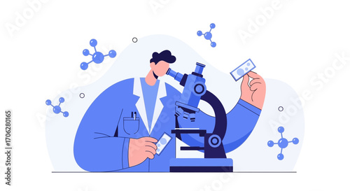 Scientist Conducting Investigative Analysis Under Microscope in Modern Illustrated Style