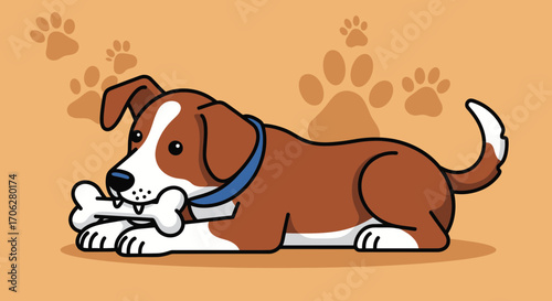 Playful Puppy Enjoying A Bone, Charming Cartoon Illustration With Paw Prints
