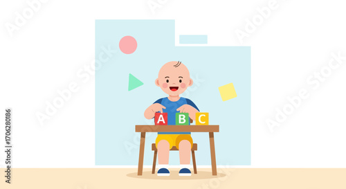 Playful Toddler Learning Alphabet Blocks at a Small Table with Joyful Expression