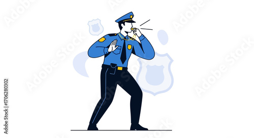 Policeman Blowing Whistle in Uniform, Minimalist Policeman Illustration on White Background