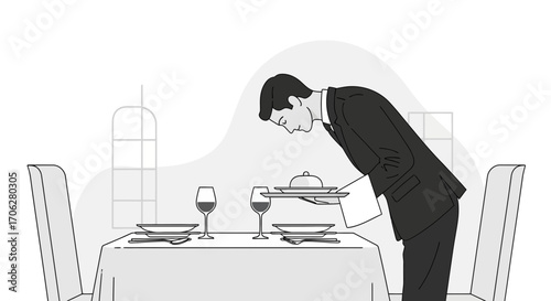Polished Service: A Formal Waiter Presenting Food with Grace and Elegance