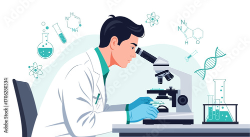Scientist Examining A Sample With A Microscope In Modern Flat Design Style
