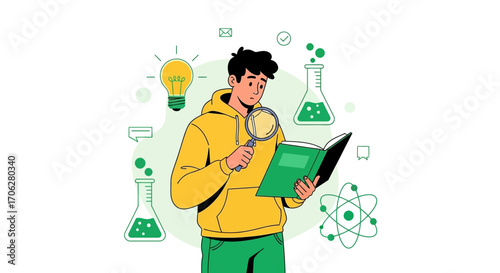 Scientist Examining Book With Magnifying Glass And Science Elements Illustration
