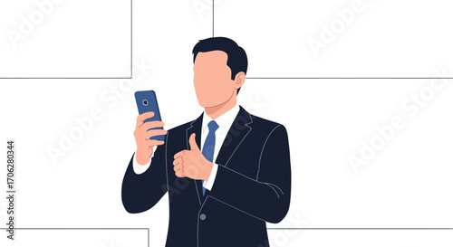 Positive Affirmation Concept: Businessman Using Smartphone, Communicating Success With Gestures