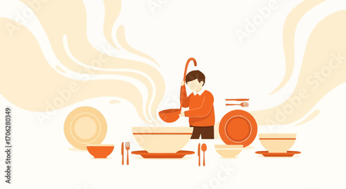 Preparing A Freshly Made Meal, Illustration of a Chef Serving Food, Cooking Concept