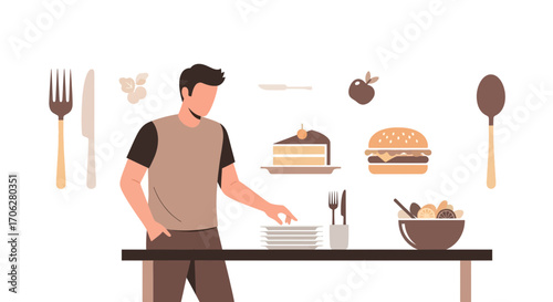 Preparing a Meal: Illustration of a Man Alongside Food and Kitchen Utensils Displayed