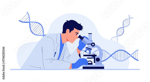 Scientist Examining DNA Under Microscope Depicting Scientific Discovery in Vector Illustration