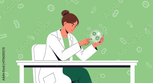 Scientist Examining Microbiology Sample Vector Illustration On A Bright Green Background