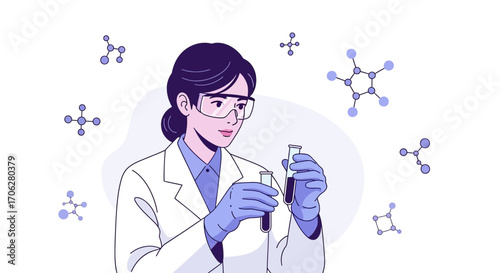 Scientist Examining Laboratory Analysis of Chemical Compounds in Test Tubes Illustration