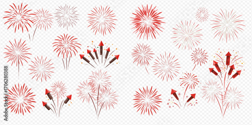 A collection of red firework illustrations, including various bursts, explosions, and rockets for festive events.