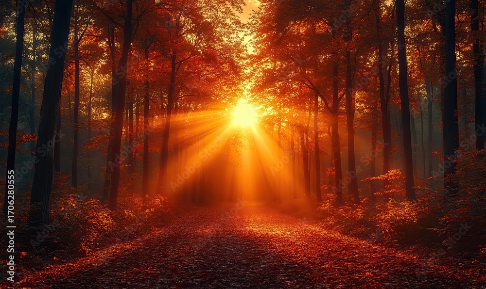 Fototapeta premium Radiant Autumn Forest Path with a Burst of Sunlight at the Horizon