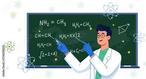 Scientist Illustrates Chemical Equations On Blackboard For Educational Insightful Display