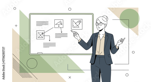 Presenting Diagrams: A Professional Woman Explains Complex Concepts On A Whiteboard