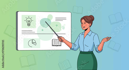 Presenting Education: A Woman Explaining Data With Visuals On a Presentation Board