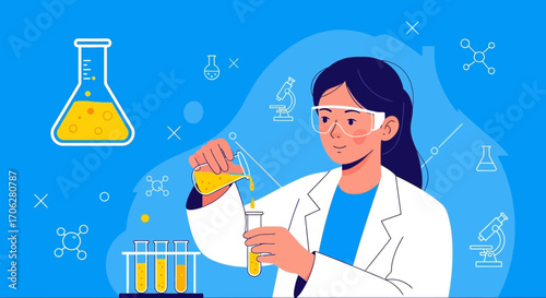Scientist Performing Research in Laboratory with Beakers and Test Tubes for Experiment