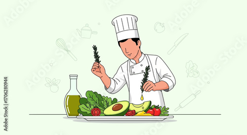 Professional Chef Plating Fresh Ingredients, Perfecting Culinary Composition with Herbs