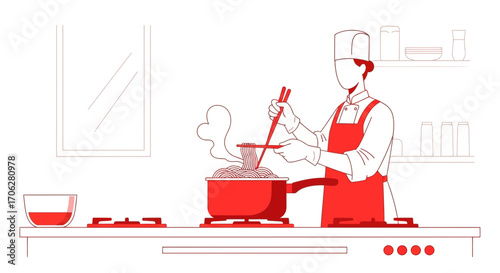 Professional Chef Preparing Delicious Noodles in a Kitchen Environment Illustration