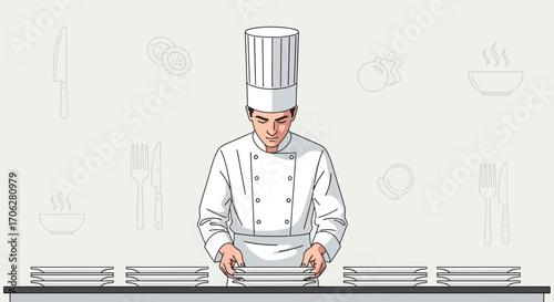 Professional Chef Preparing Plates In His Kitchen For Food Presentation Illustration