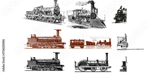 Collection of vintage steam locomotives and train cars in an illustrative, historical style, showcasing various designs.