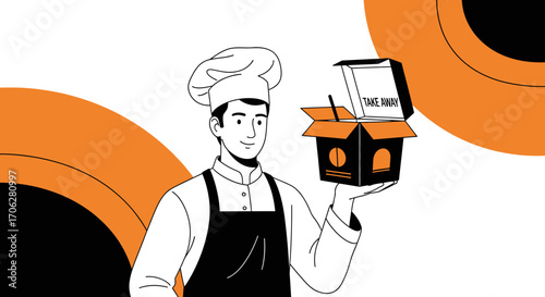 Professional Chef Presenting a Takeaway Box with Artistic and Catchy Design