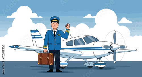 Professional Male Pilot Standing Beside His Aircraft on a Sunny, Clear Day