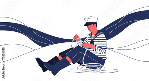 Seafarer Binding Rope On A White Backdrop Depicting Sea Elements Of Wind