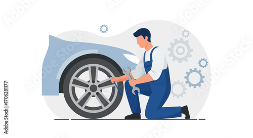 Professional Mechanic Crouching Beside the Car Wheel to Perform Maintenance and Repair
