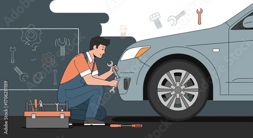 Professional Mechanic Repairing Automobile And Examining The Front Bumper For Diagnostics Inspection