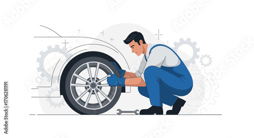 Professional Mechanic Fixing Car Tire With Modern Illustration Minimalistic Design