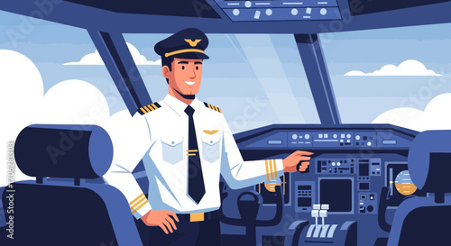 Professional Pilot Smiling Inside Aircraft Cockpit, Ready For Takeoff And Flight