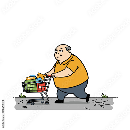 Elderly man pushing shopping cart full of groceries on cracked sidewalk  